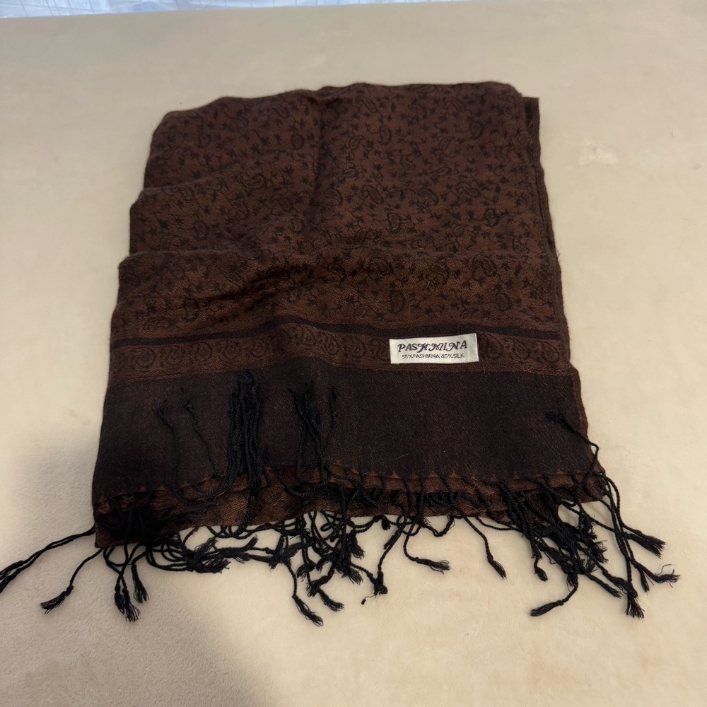 Pashmina Brown Paisley Blanket Scarf/Shawl Silk & Pashmina
